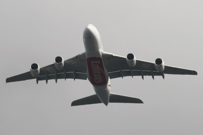Emirates Airbus A380-861 s/n A6-EET aborts its landing at Glasgow Airport, and goes round again.
